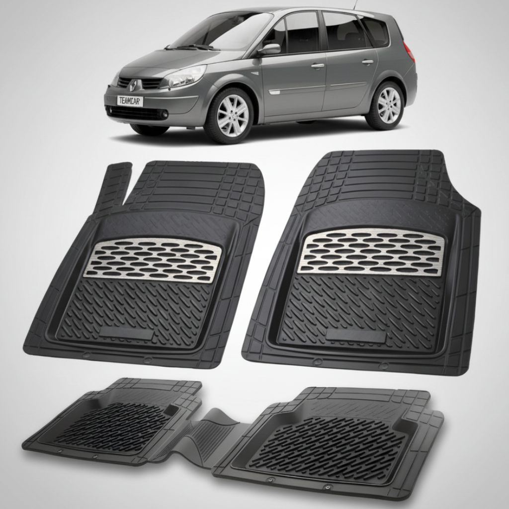 set de covorase din cauciuc negre cu accente gri cu un renault grand scenic ii gri inchis in fundal