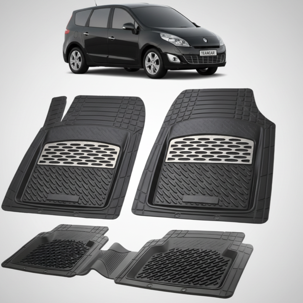 set de covorase din cauciuc negre cu accente gri cu un renault scenic iii mpv(long) negru in fundal