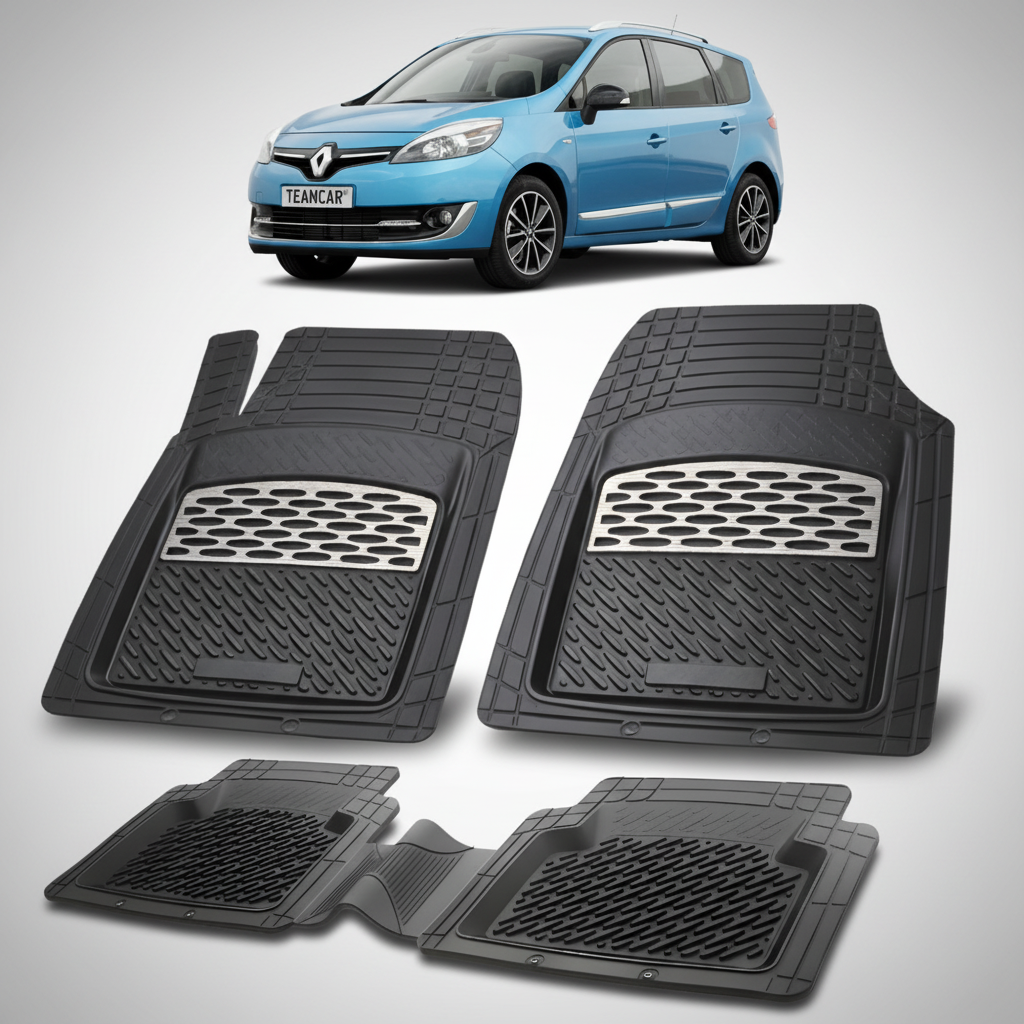 set de covorase din cauciuc negre cu accente gri cu un renault grand scenic iii albastru in fundal