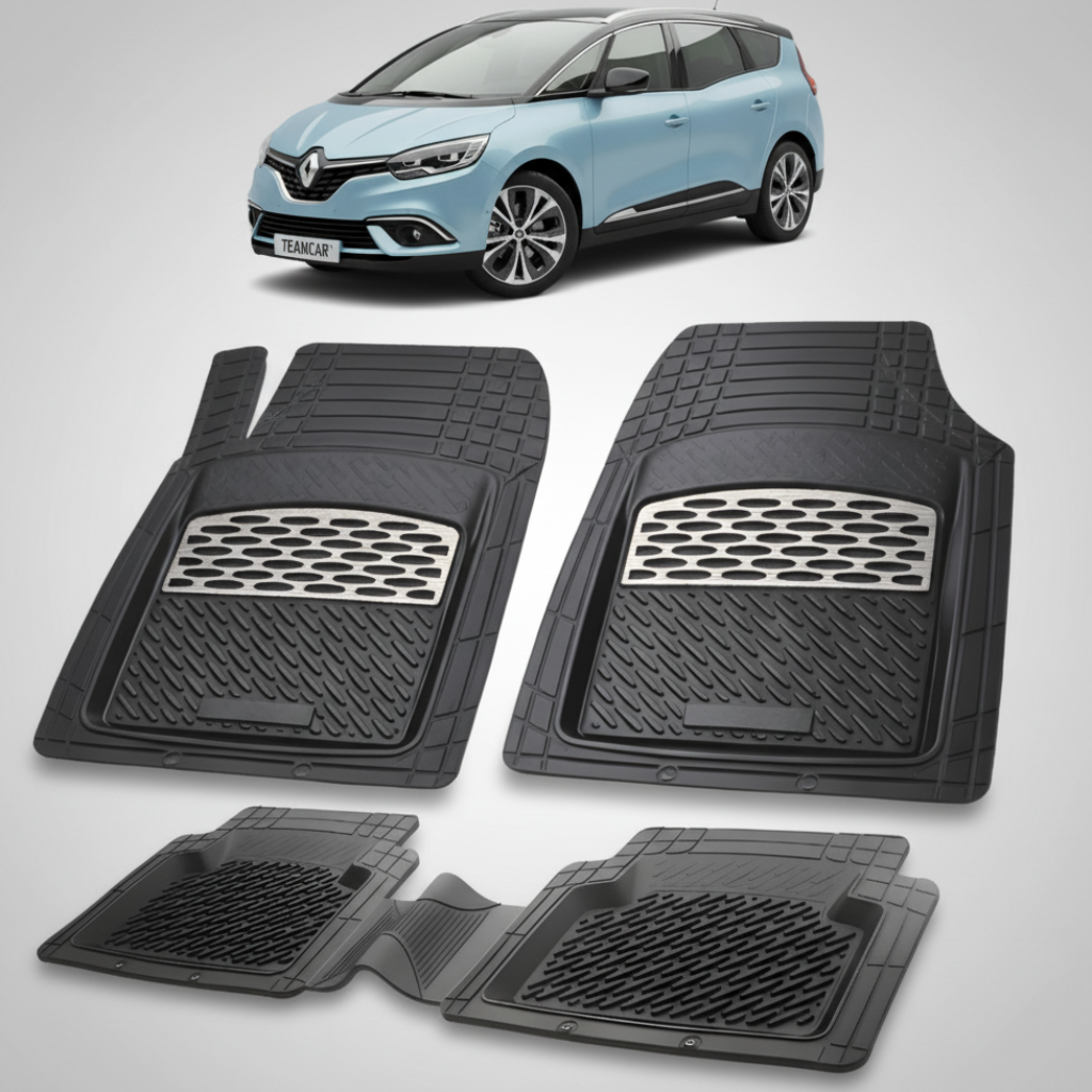 set de covorase din cauciuc negre cu accente gri cu un renault grand scenic 4 albastru in fundal