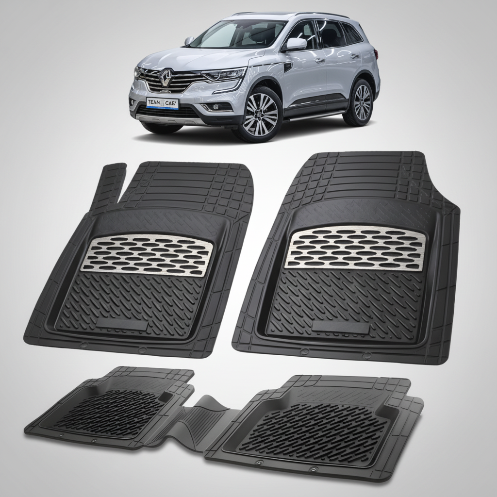 set de covorase din cauciuc negre cu accente gri cu un renault koleos ii gri in fundal