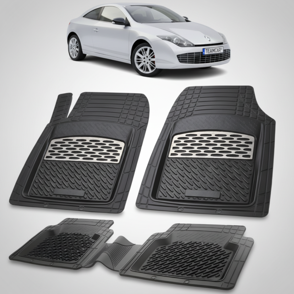 set de covorase din cauciuc negre cu accente gri cu un renault laguna iii coupe gri in fundal
