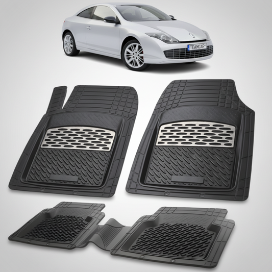 set de covorase din cauciuc negre cu accente gri cu un renault laguna iii coupe gri in fundal