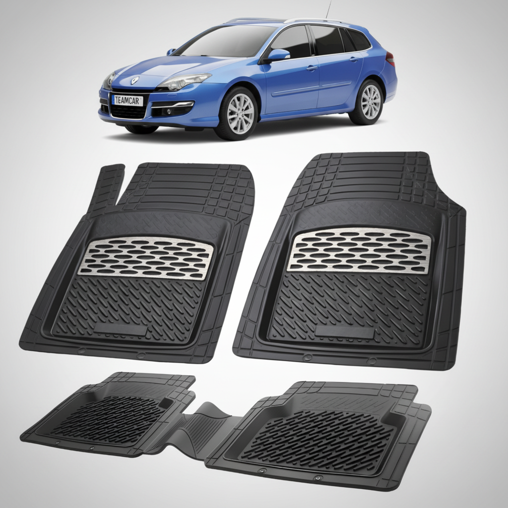 set de covorase din cauciuc negre cu accente gri cu un renault laguna iii estate albastra in fundal