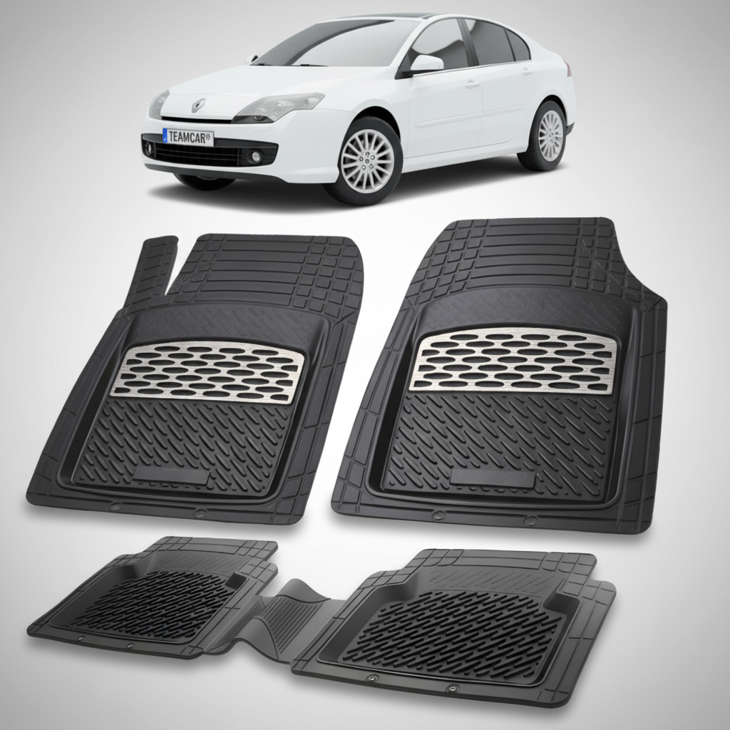 set de covorase din cauciuc negre cu accente gri cu un renault laguna iii hatchback alb in fundal