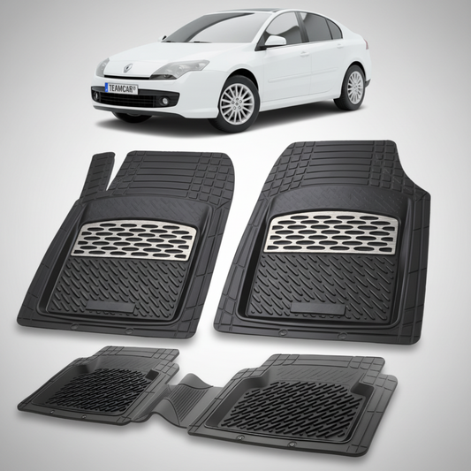 set de covorase din cauciuc negre cu accente gri cu un renault laguna iii hatchback alb in fundal