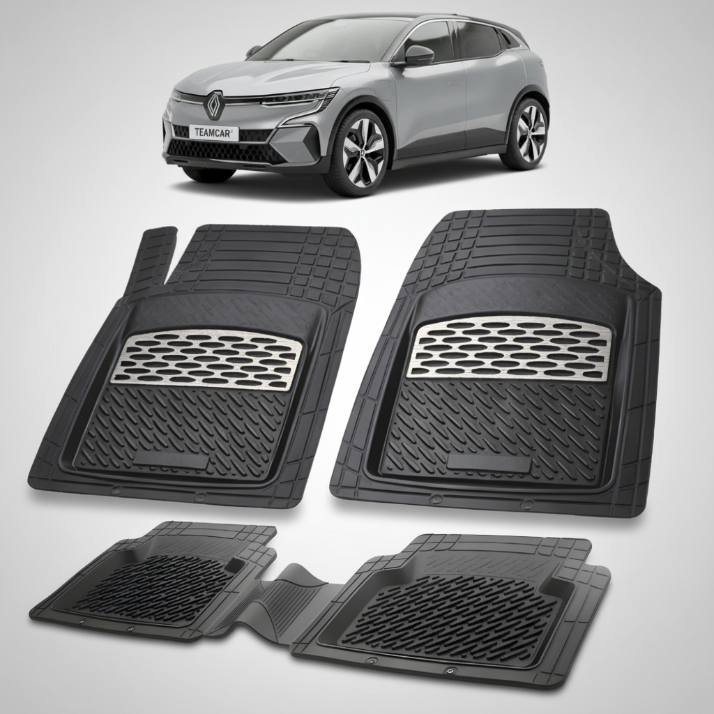 set de covorase din cauciuc negre cu accente gri cu un renault megane e-tech crossover (electric) gri in fundal