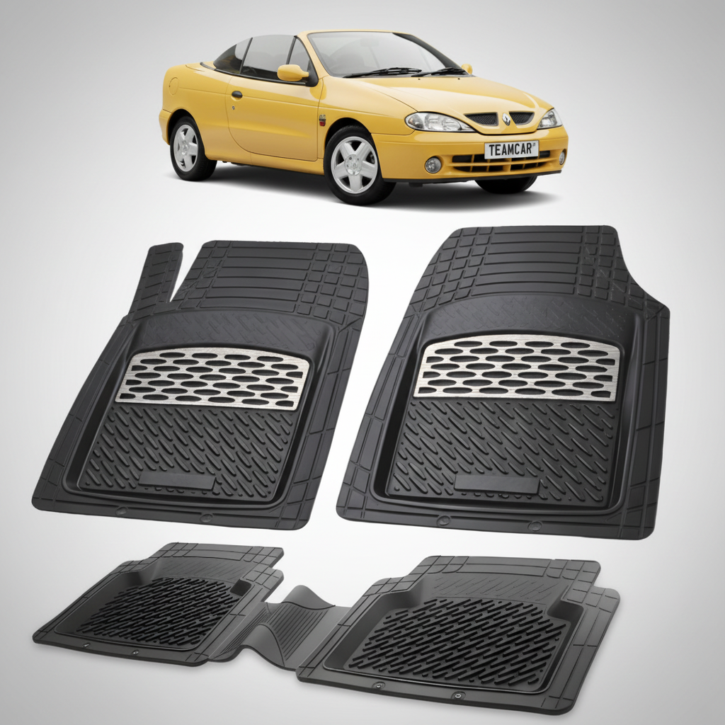 set de covorase din cauciuc negre cu accente gri cu o renault megane i cabriolet galbena in fundal