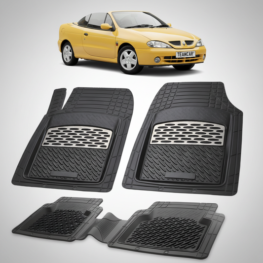 set de covorase din cauciuc negre cu accente gri cu o renault megane i cabriolet galbena in fundal