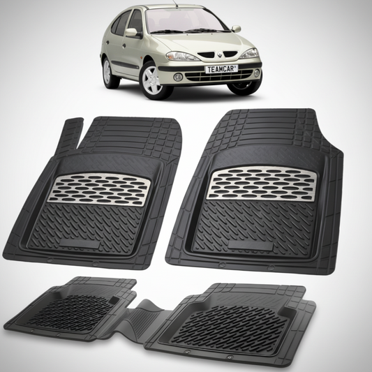 set de covorase din cauciuc negre cu accente gri cu o renault megane i hatchback bej in fundal