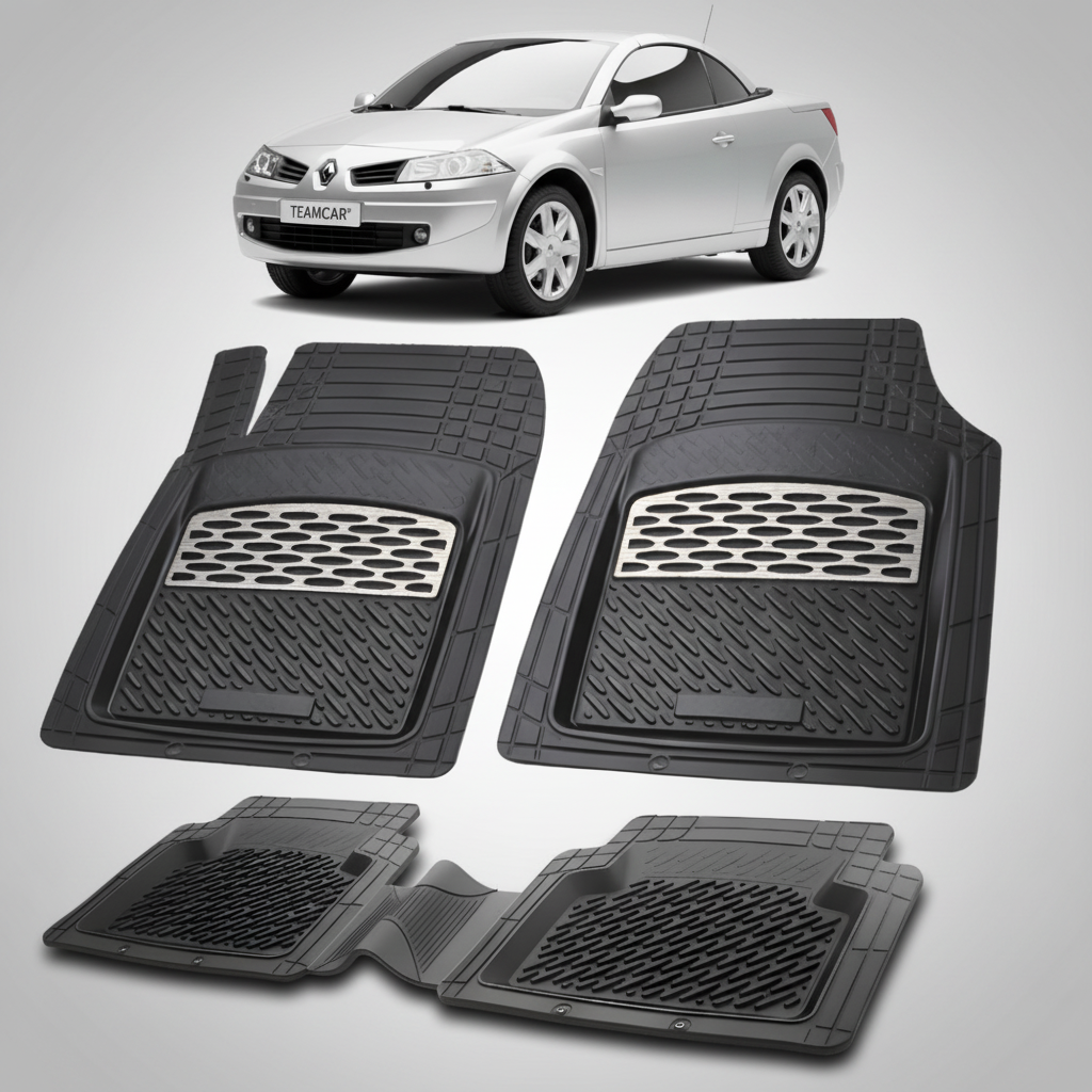set de covorase din cauciuc negre cu accente gri cu o renault megane ii coupe-cabriolet argintiu in fundal