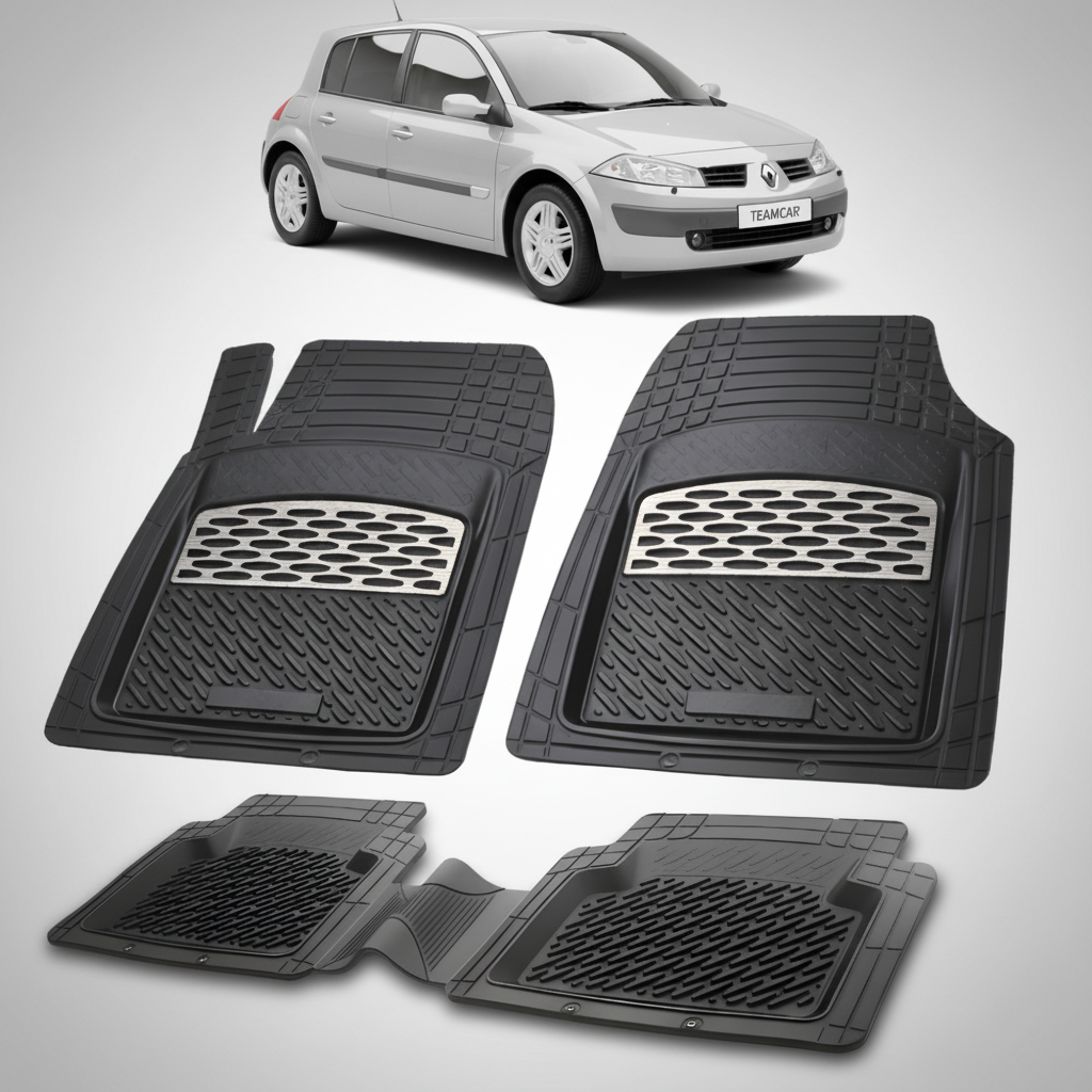 set de covorase din cauciuc negre cu accente gri cu o renault megane ii hatchback gri in fundal