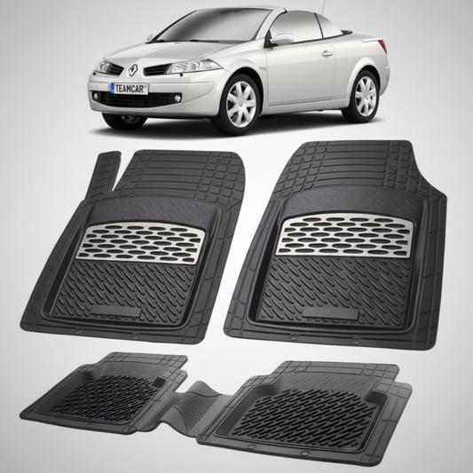 set de covorase din cauciuc negre cu accente gri cu o renault megane ii coupe-cabriolet gri in fundal