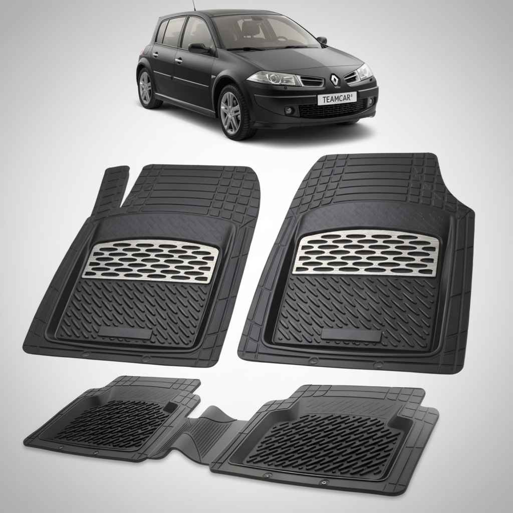 set de covorase din cauciuc negre cu accente gri cu un renault megane ii hatchback negru in fundal