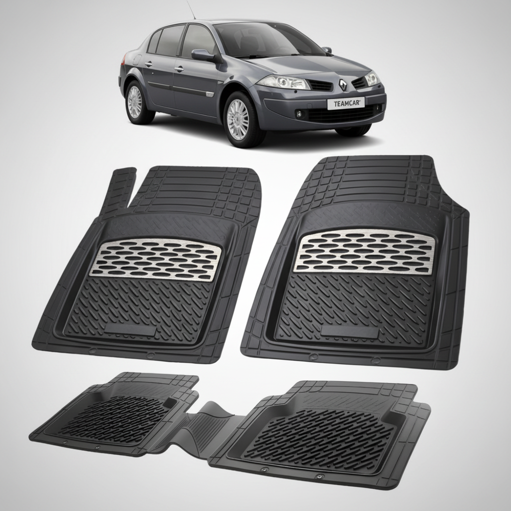 set de covorase din cauciuc negre cu accente gri cu o renault megane ii sedan negru in fundal