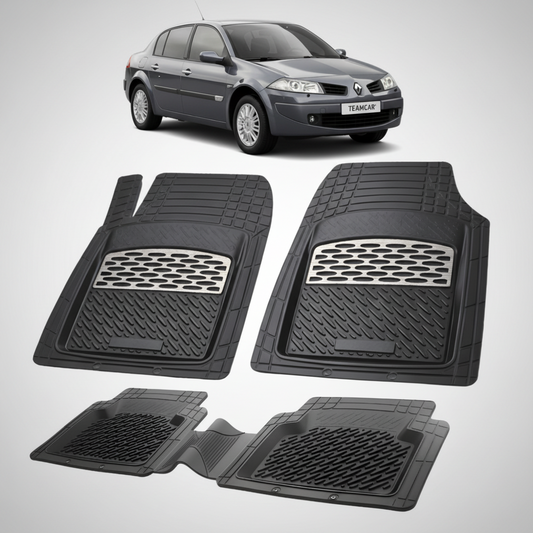 set de covorase din cauciuc negre cu accente gri cu o renault megane ii sedan negru in fundal