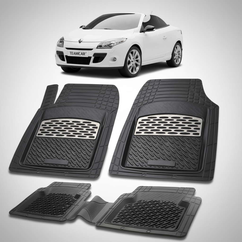 set de covorase din cauciuc negre cu accente gri cu o renault megane iii coupe-cabriolet alba in fundal
