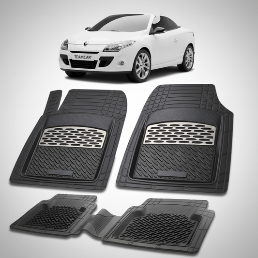 set de covorase din cauciuc negre cu accente gri cu o renault megane iii coupe-cabriolet alba in fundal