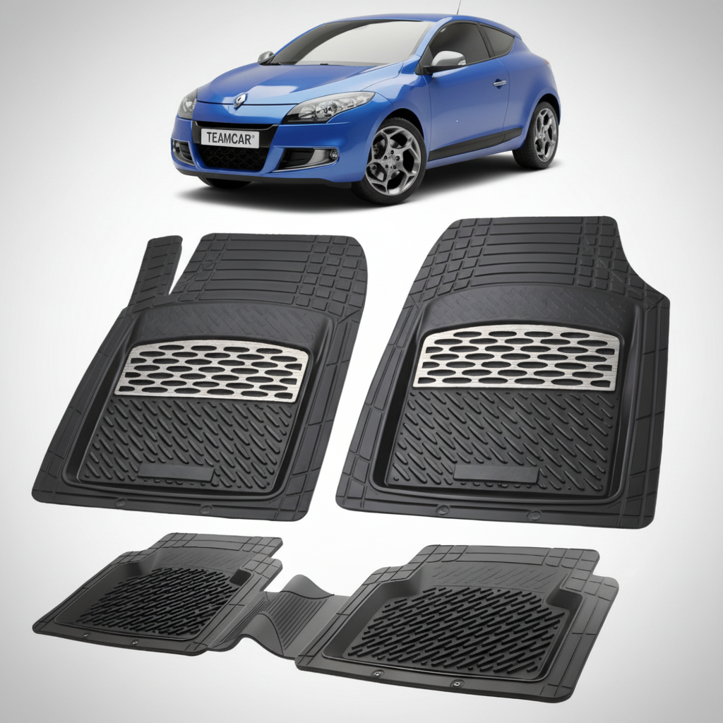set de covorase din cauciuc negre cu accente gri cu o renault megane iii coupe albastru in fundal