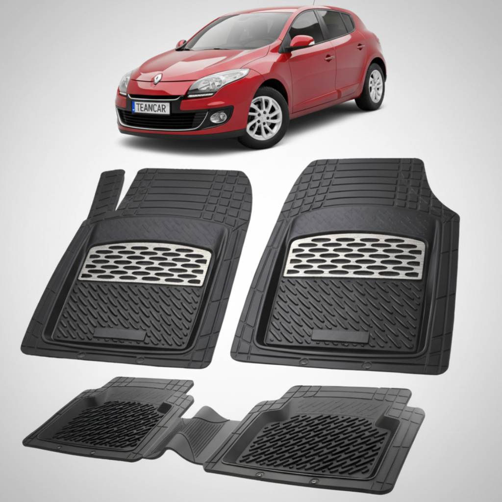 set de covorase din cauciuc negre cu accente gri cu o renault megane iii hatchback rosu in fundal