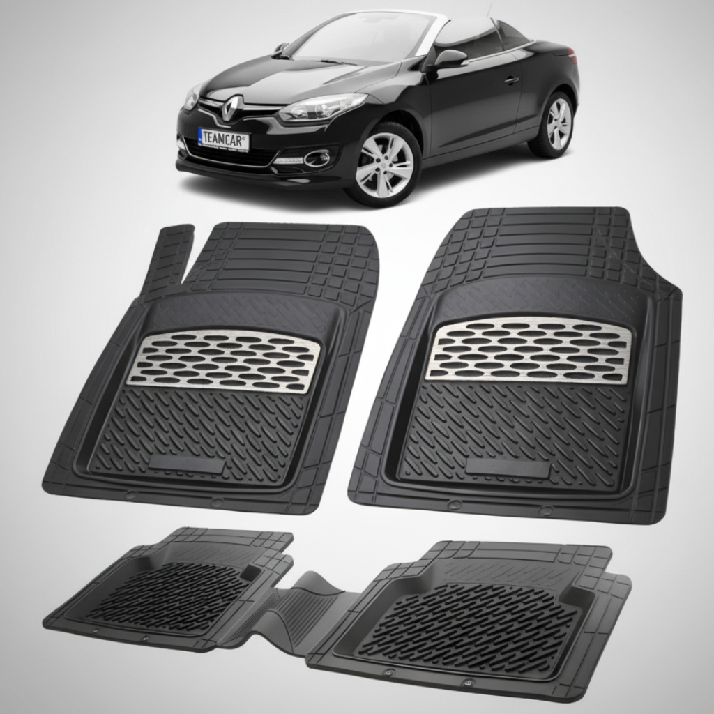 set de covorase din cauciuc negre cu accente gri cu o renault megane iii coupe-cabriolet neagra in fundal