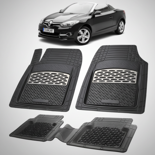 set de covorase din cauciuc negre cu accente gri cu o renault megane iii coupe-cabriolet neagra in fundal