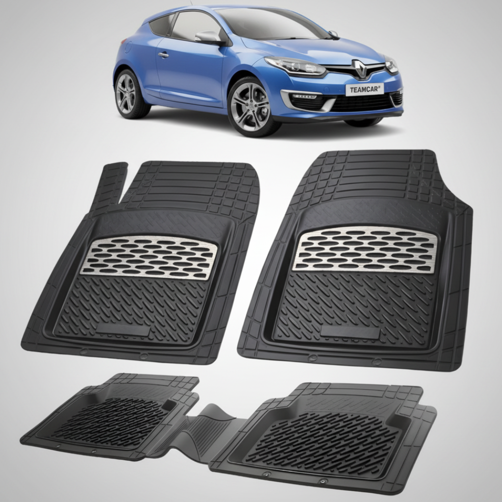 set de covorase din cauciuc negre cu accente gri cu o renault megane iii coupe albastra  in fundal