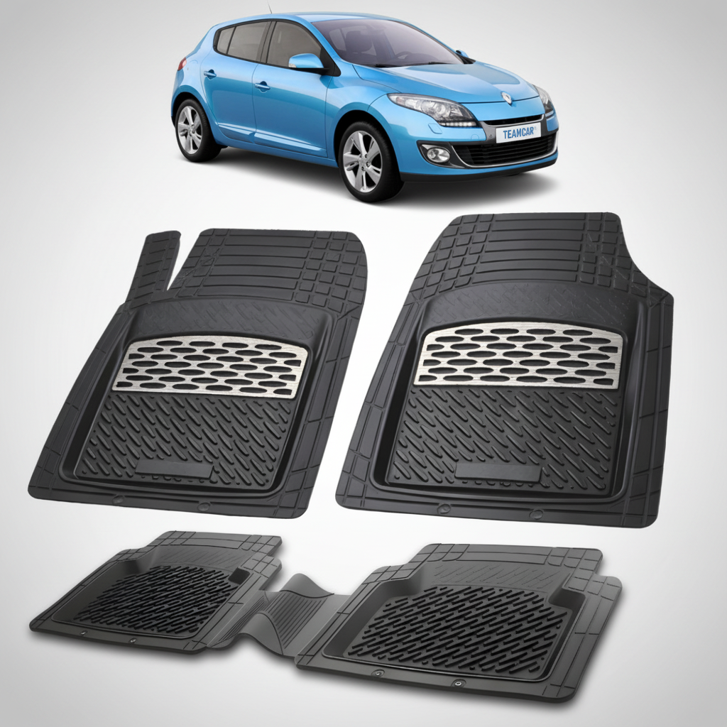set de covorase din cauciuc negre cu accente gri cu o renault megane iii hatchback albastra  in fundal