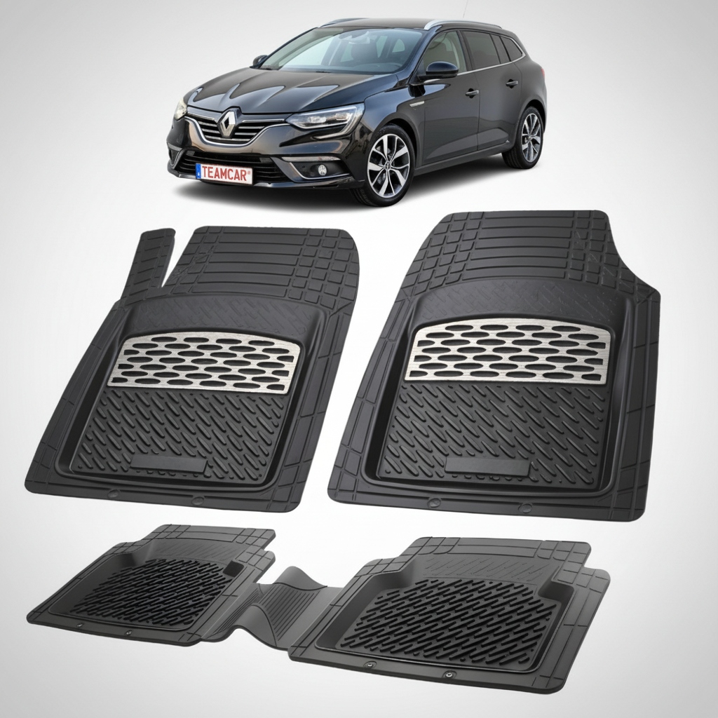 set de covorase din cauciuc negre cu accente gri cu un renault megane iv estate negru in fundal