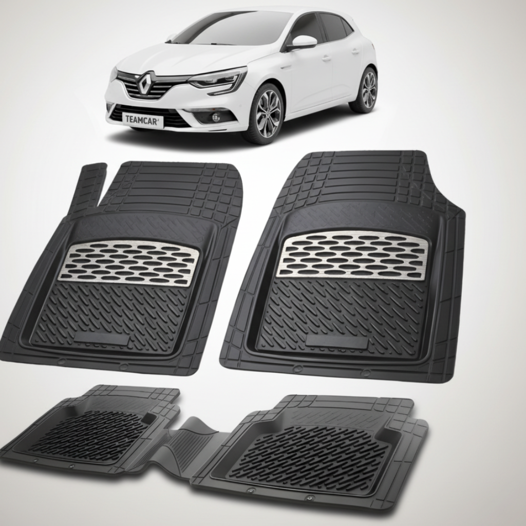 set de covorase din cauciuc negre cu accente gri cu un renault megane iv hatchback alb in fundal