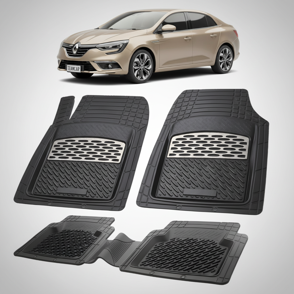 set de covorase din cauciuc negre cu accente gri cu un renault megane iv sedan maro deschis in fundal