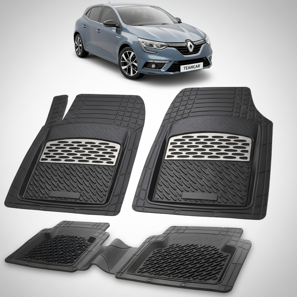 set de covorase din cauciuc negre cu accente gri cu un renault megane iv hatchback gri-albastrui in fundal