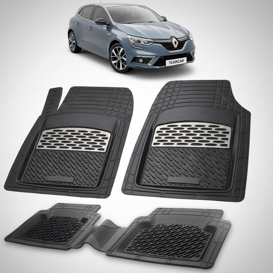 set de covorase din cauciuc negre cu accente gri cu un renault megane iv hatchback gri-albastrui in fundal