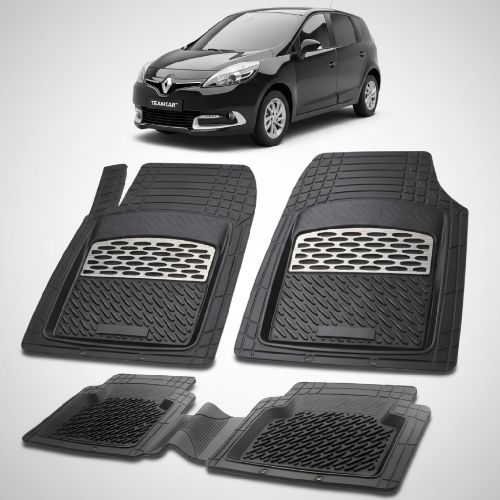 set de covorase din cauciuc negre cu accente gri cu un renault scenic iii mpv negru in fundal