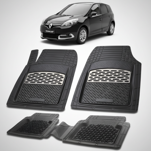 set de covorase din cauciuc negre cu accente gri cu un renault scenic iii mpv negru in fundal