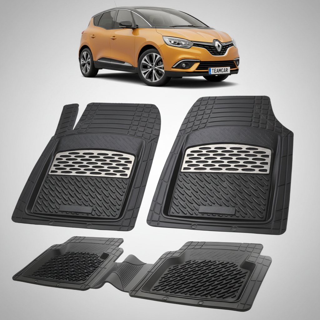 set de covorase din cauciuc negre cu accente gri cu un renault scenic iv galben in fundal