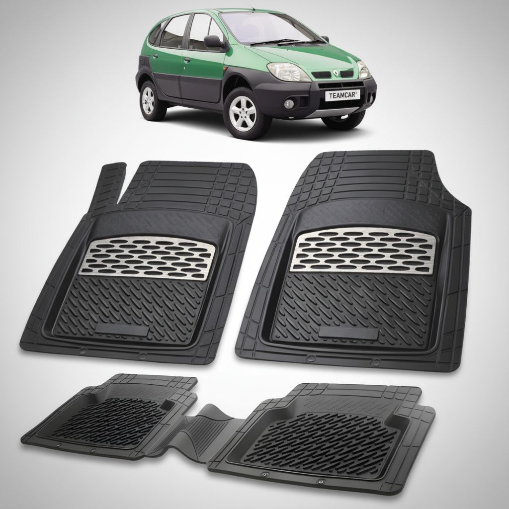 set de covorase din cauciuc negre cu accente gri cu un renault scenic rx4 suv/mpv verde in fundal