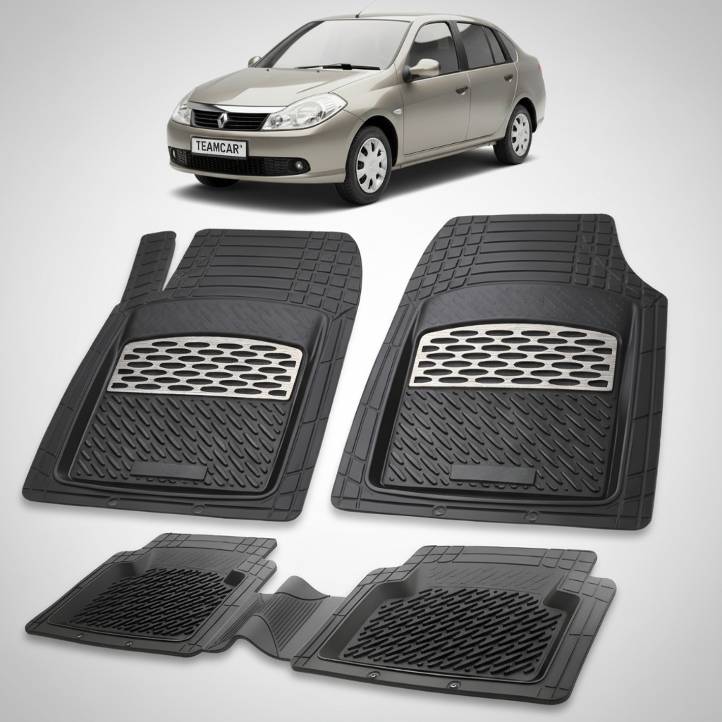 set de covorase din cauciuc negre cu accente gri cu o renault symbol ii sedan gri deschis in fundal