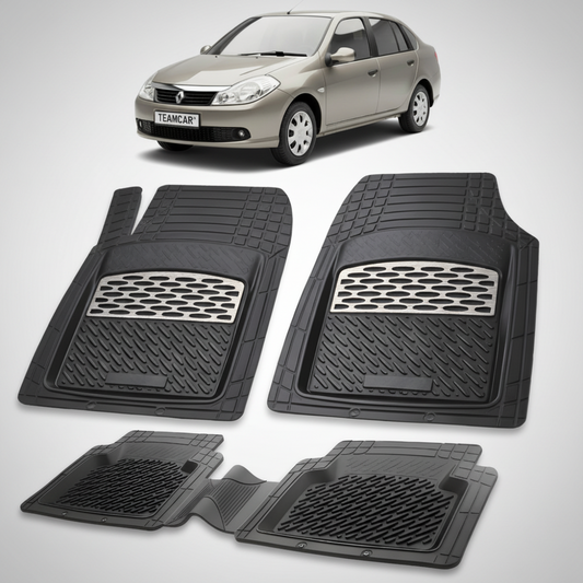 set de covorase din cauciuc negre cu accente gri cu o renault symbol ii sedan gri deschis in fundal