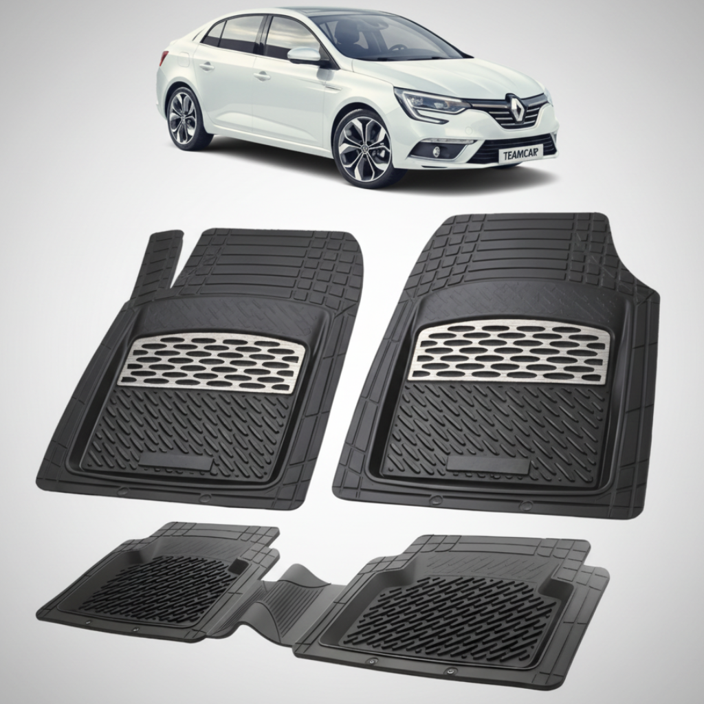 set de covorase din cauciuc negre cu accente gri cu un renault talisman sedan alb in fundal