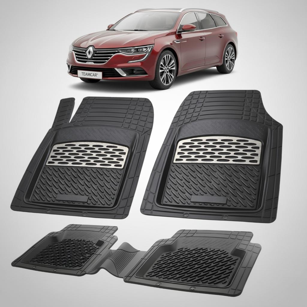 set de covorase din cauciuc negre cu accente gri cu un renault talisman estate rosu in fundal