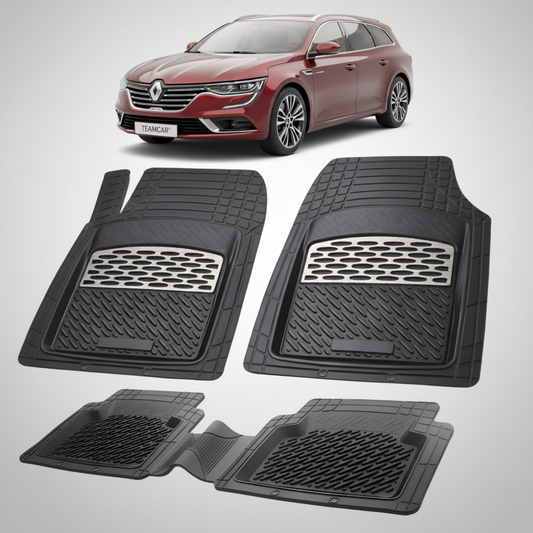 set de covorase din cauciuc negre cu accente gri cu un renault talisman estate rosu in fundal