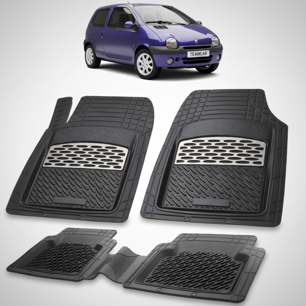 set de covorase din cauciuc negre cu accente gri cu o renault twingo i 3 hatchback albastra in fundal