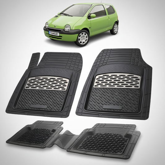 set de covorase din cauciuc negre cu accente gri cu o renault twingo i 4 hatchback verde in fundal