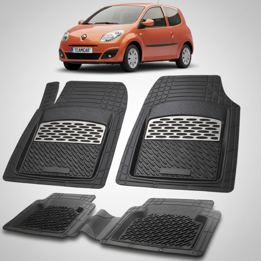 set de covorase din cauciuc negre cu accente gri cu o renault twingo ii 1 hatchback portocalie in fundal