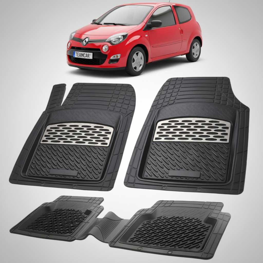 set de covorase din cauciuc negre cu accente gri cu o renault twingo ii 2 hatchback rosie in fundal