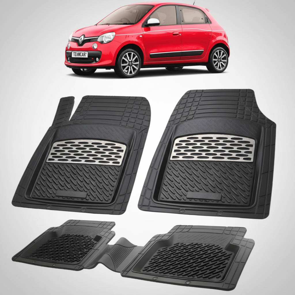 set de covorase din cauciuc negre cu accente gri cu o renault twingo iii 1 hatchback rosie in fundal