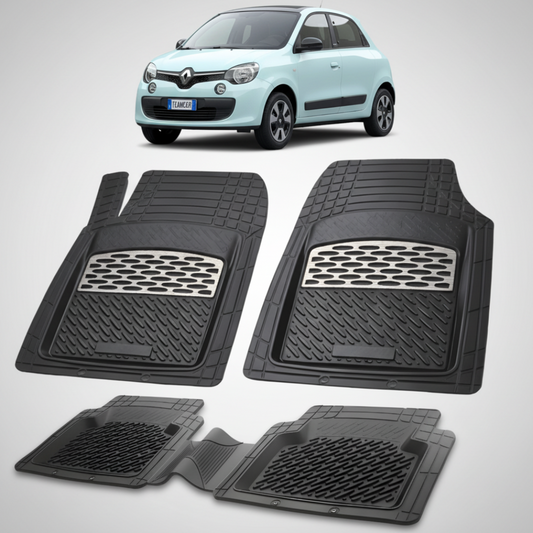 set de covorase din cauciuc negre cu accente gri cu o renault twingo iii 2 hatchback albastra in fundal