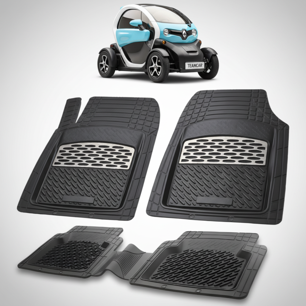 set de covorase din cauciuc negre cu accente gri cu un renault twizy quadriciclo albastru in fundal