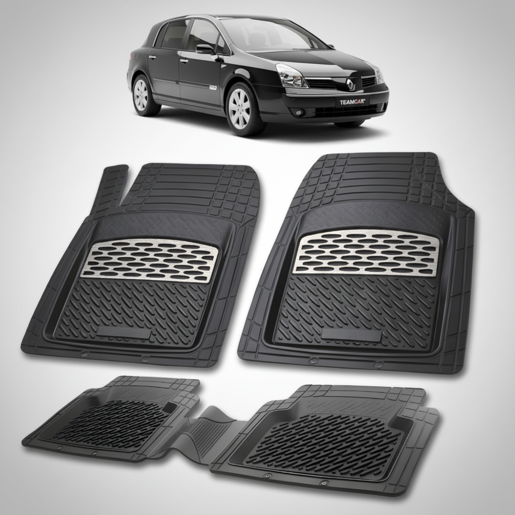set de covorase din cauciuc negre cu accente gri cu un renault velsatis hatchback(luxury) negru in fundal